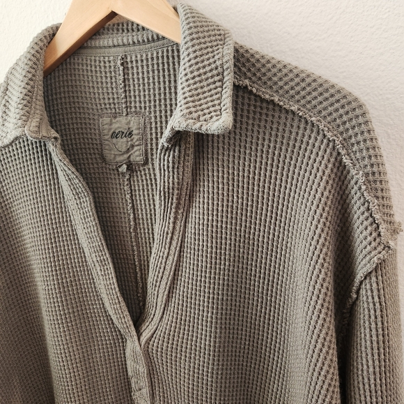 Aerie American Eagle Lumber Jane Waffle Polo Oversized Pullover Top Green Medium - Picture 3 of 8